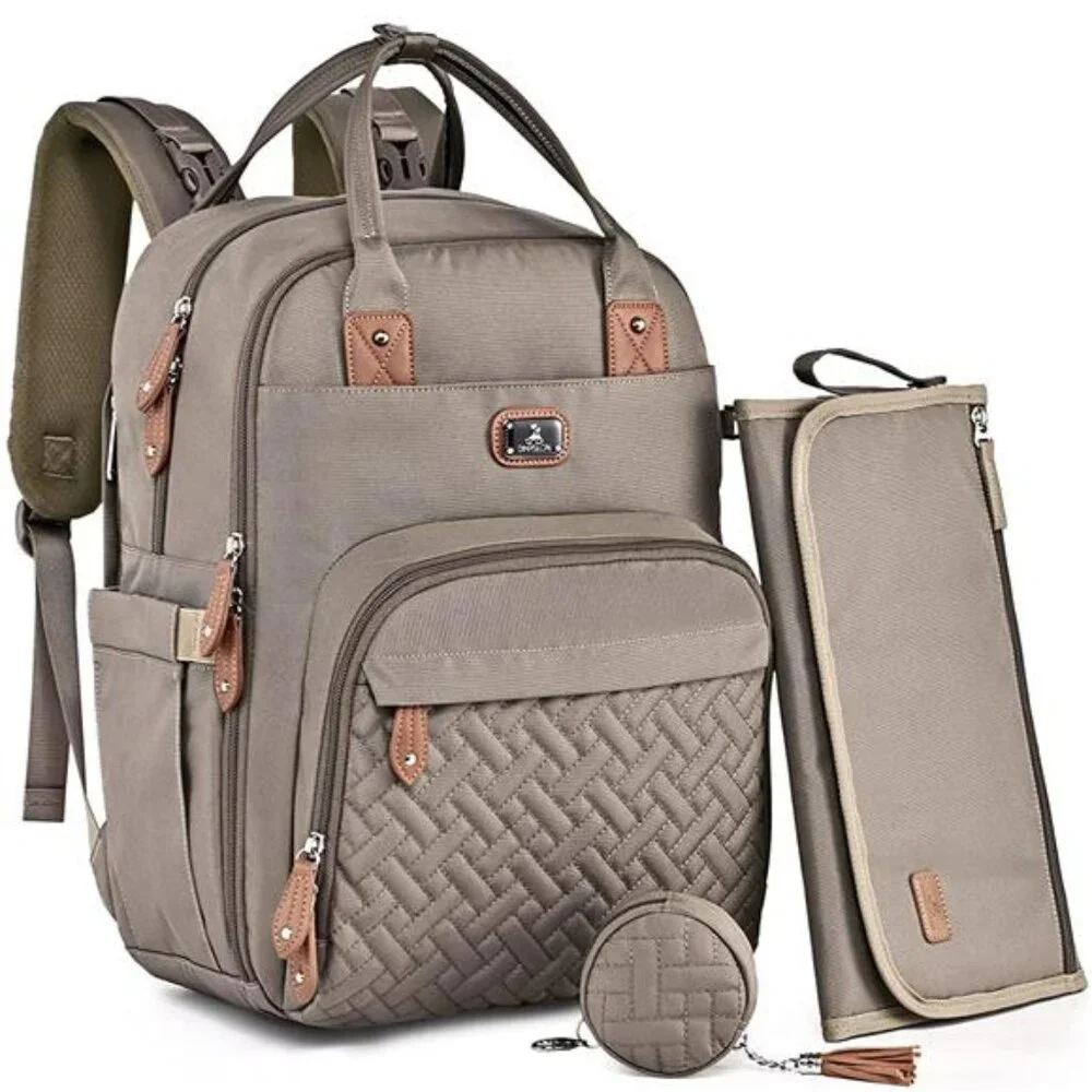 Unisex Polyester Diaper Backpack Daypack with Portable Changing Pad, Khaki